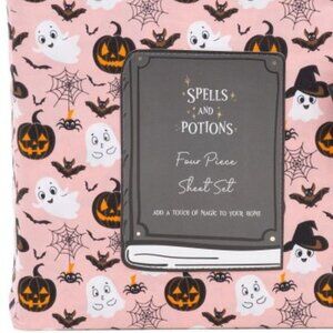 Spells And Potions Queen Size Pink Sheet Set Ghost Bat Pumpkin Web Halloween New